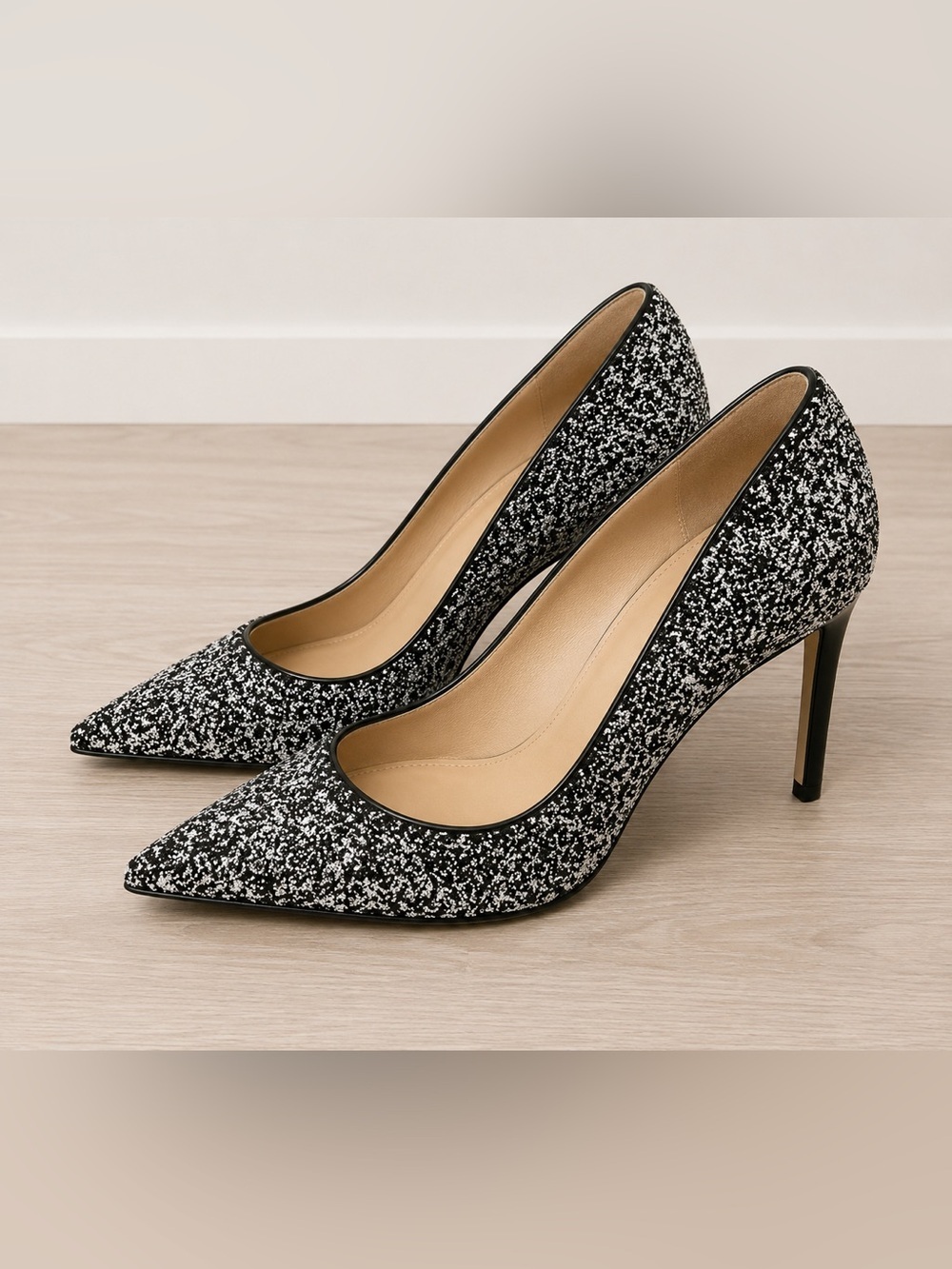 Jimmy Choo Glitter Pointed Toe Stiletto Heels Black White Sparkle sz 36 us 5.5